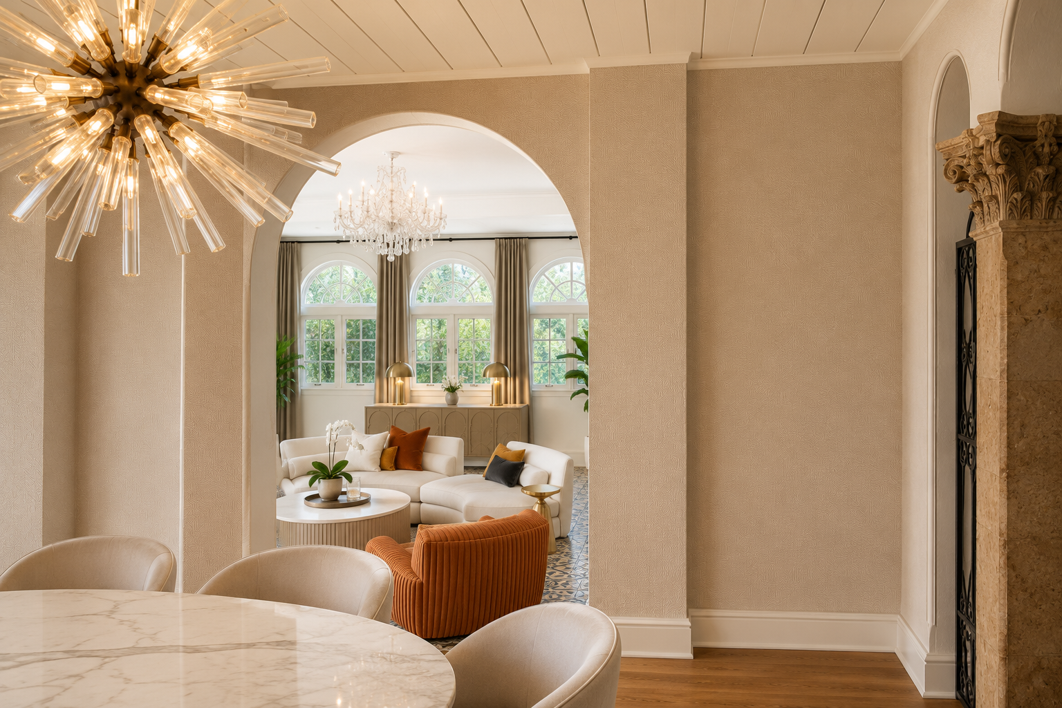 Sunlit luxury living room with grasscloth wallpaper